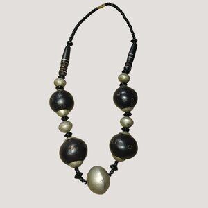 Antique Statement Necklace Tuareg Berber Tribal Ebony Wood Silver Inlay Beaded